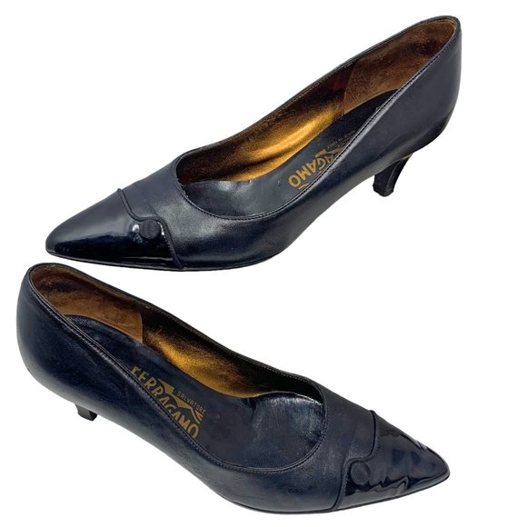 Salvatore Ferragamo Black Leather‎ Patent Leather Cap Toe Pumps - Picture 11 of 14